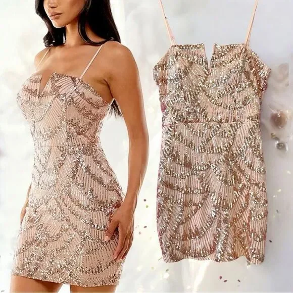 Emerald Sundae Gold Beige V-Wire Sequined Bodycon Dress Size Large - Picture 2 of 15